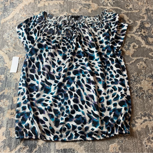 Ann Taylor Black and White Blue Leopard Smocked Blouse - Picture 1 of 5